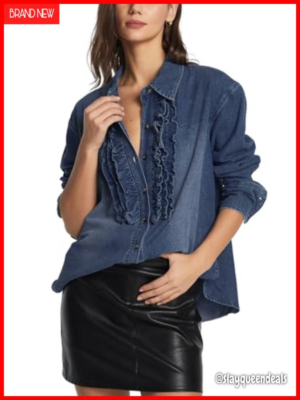 Ruffled Long Sleeve Denim Button Down Shirt Women's Casual Blouse Cotton Blend